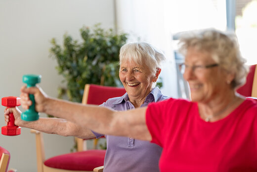 Seniorinnen machen gemeinsam Gymnastik mit Hanteln 