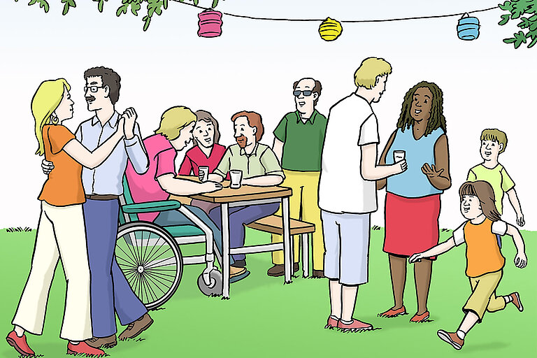Angebote für Menschen mit Behinderungen Menschen Tanzen gemeinsam auf einem Gartenfest