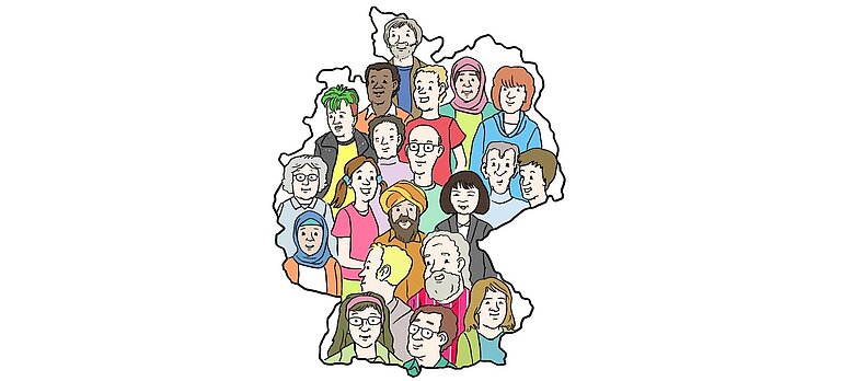 Unsere Gesellschaft Viele Menschen aus unterschiedlichen Ländern und mit unterschiedlichen Kulturen auf der Deutschlandkarte abgebildet
